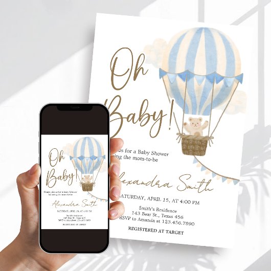 Blue Boho Bear Baby Shower  招待状