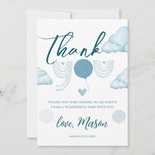 Blue Boho Cloud Mr Onederful First Birthday サンキューカード (正面)