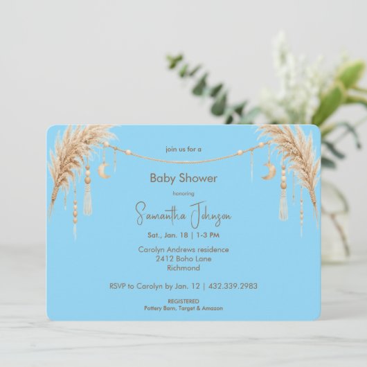 Blue Boho Pampas Baby Shower 招待状 (スタンド正面)