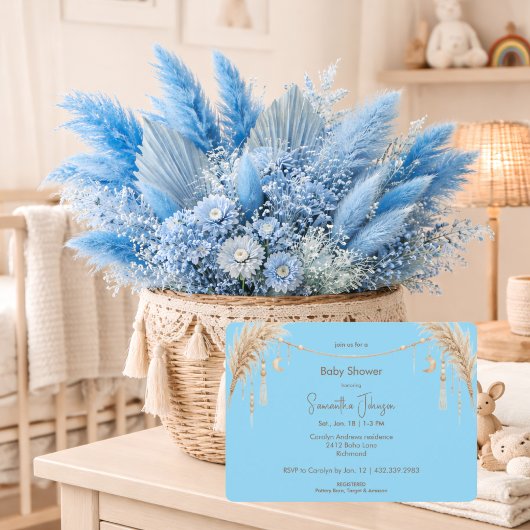 Blue Boho Pampas Baby Shower 招待状