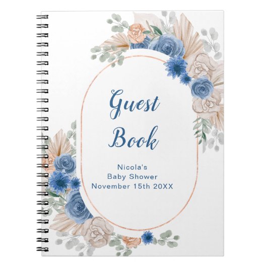 Blue Boho Pampas Grass Baby Shower Guest Book ノートブック (正面)