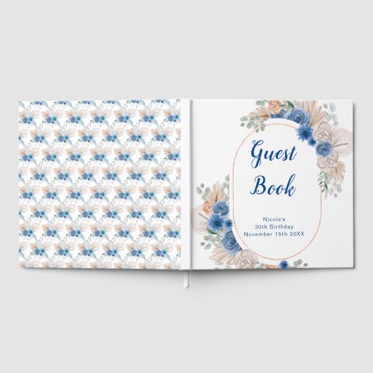 Blue Boho Pampas Grass Birthday Party ゲストブック (全面)