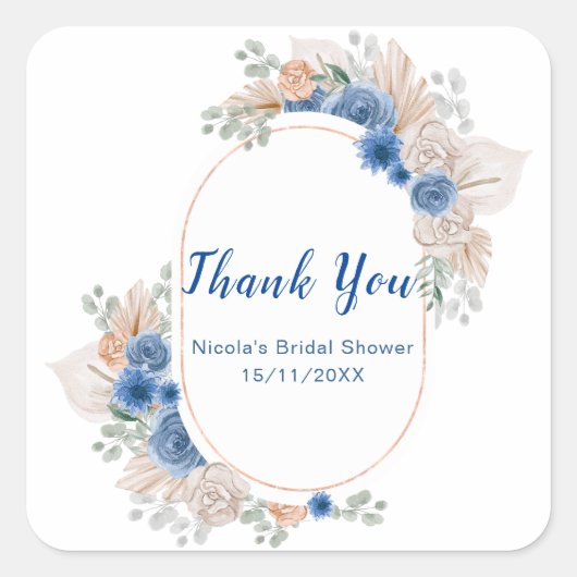 Blue Boho Pampas Grass Bridal Shower スクエアシール (正面)