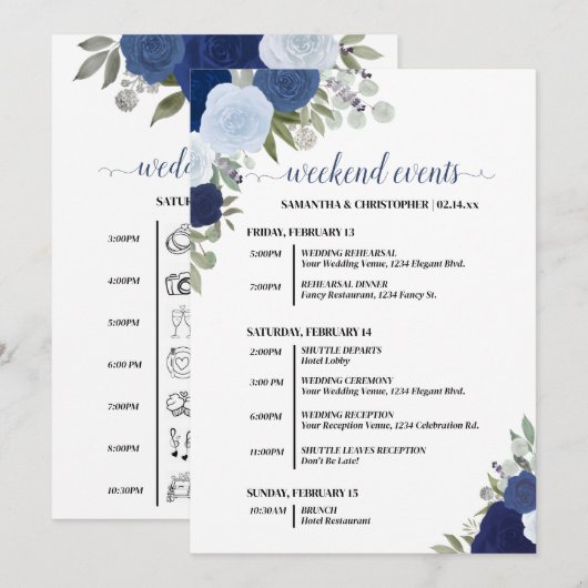 Blue Boho Roses Wedding Events & Timeline プログラム (正面/裏面)