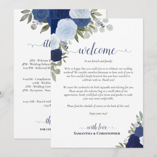 Blue Boho Roses Wedding Welcome & Itinerary プログラム (正面/裏面)