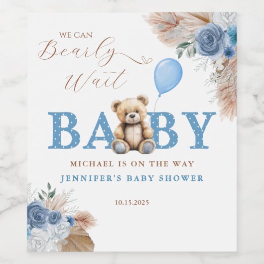 Blue Boho Teddy Bear Baby Shower ワインラベル (シングルラベル)