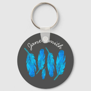 Blue boho watercolor feather art キーホルダー