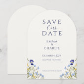 Blue Boho Wildflowers Wedding Save the Date 招待状 (正面/裏面)