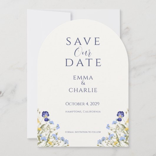Blue Boho Wildflowers Wedding Save the Date 招待状 (正面)