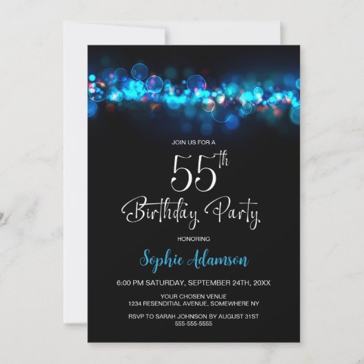 Blue Bokeh Black 55th Birthday Party 招待状 (正面)