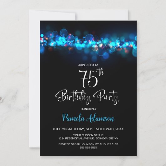 Blue Bokeh Black 75th Birthday Party 招待状 (正面)