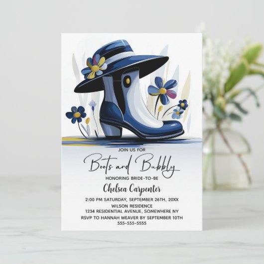 Blue Boots and Bubbly Bridal Shower 招待状 (スタンド正面)