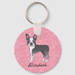 Blue Boston Terrier Dog On Pink Hearts And Name キーホルダー