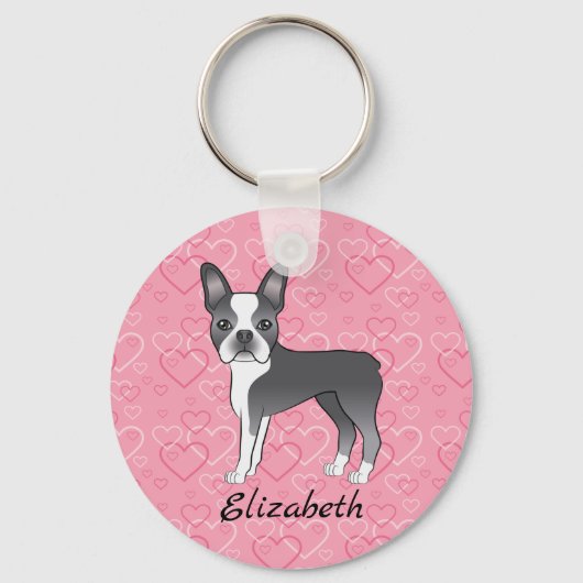 Blue Boston Terrier Dog On Pink Hearts And Name キーホルダー (正面)