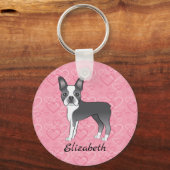 Blue Boston Terrier Dog On Pink Hearts And Name キーホルダー (正面)