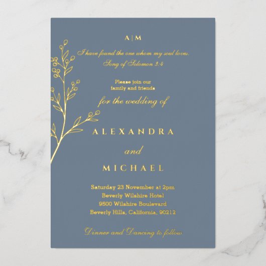 Blue Botanical Bible Verse Christian Wedding Gold 箔招待状 (正面)