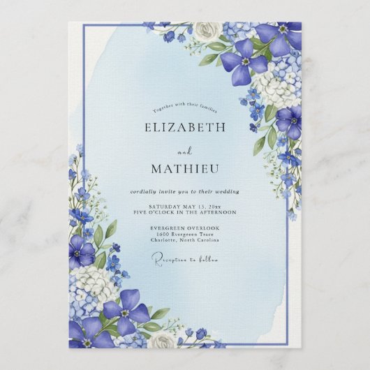 Blue Botanical Bloom Wedding 招待状 (正面)