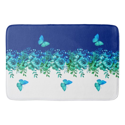 Blue Botanical Butterfly Bath Mat バスマット (正面)