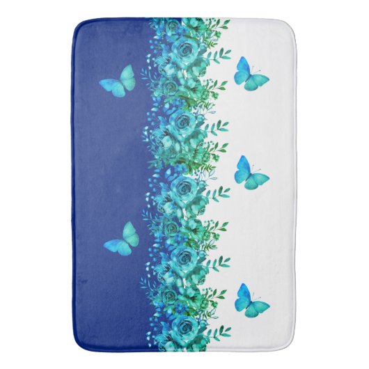 Blue Botanical Butterfly Bath Mat バスマット (正面縦)