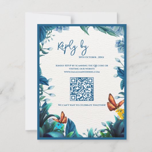 Blue Botanical Butterfly QR Code Wedding reply By 出欠カード (裏面)