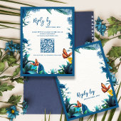 Blue Botanical Butterfly QR Code Wedding reply By 出欠カード
