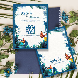 Blue Botanical Butterfly QR Code Wedding reply By 出欠カード