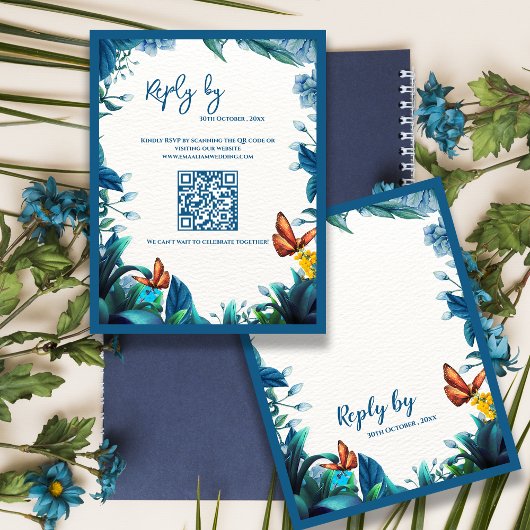 Blue Botanical Butterfly QR Code Wedding reply By 出欠カード
