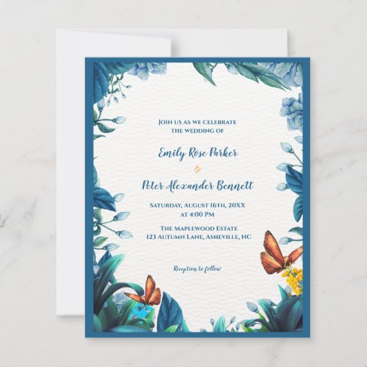 Blue Botanical Butterfly Wedding Invitation (正面)