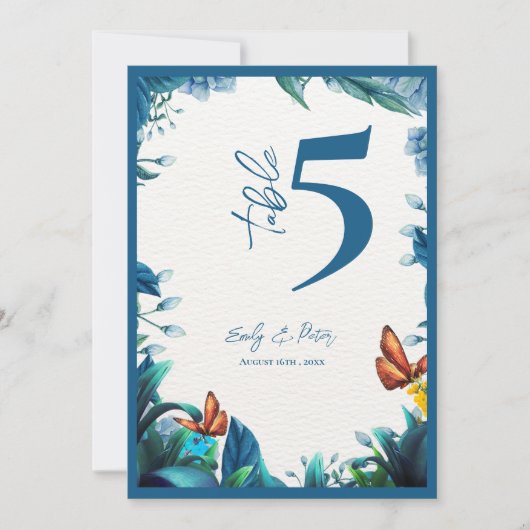 Blue Botanical Butterfly Wedding Table Number サンキューカード (正面)