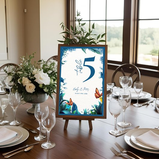 Blue Botanical Butterfly Wedding Table Number サンキューカード