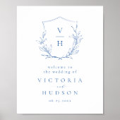 Blue botanical crest monogram wedding welcome sign ポスター (正面)