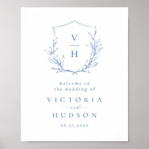 Blue botanical crest monogram wedding welcome sign ポスター