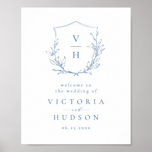 Blue botanical crest monogram wedding welcome sign ポスター (正面)