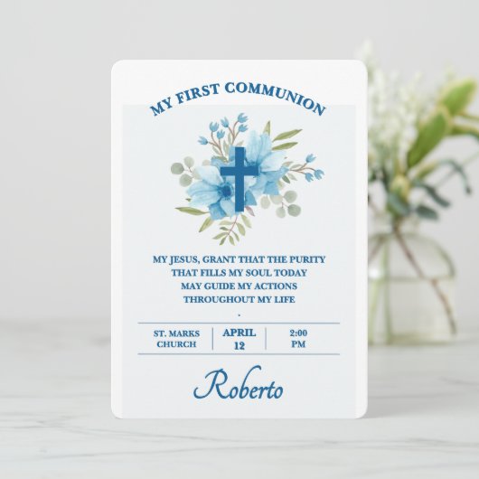 Blue Botanical Cross First Holy Communion 招待状 (スタンド正面)