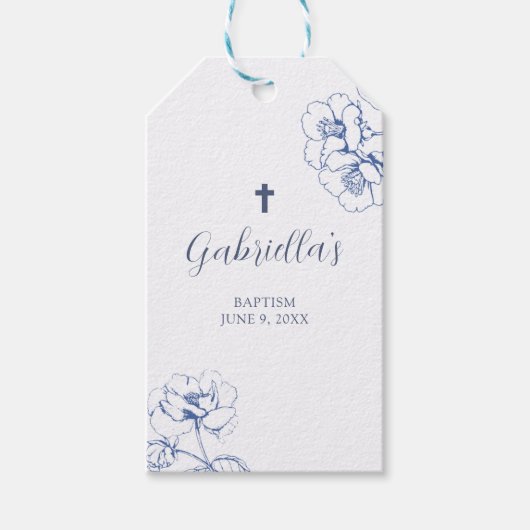 Blue Botanical Floral Baptism ギフトタグ (正面)