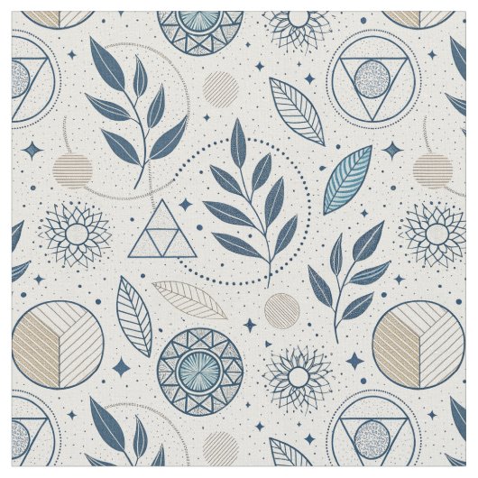 Blue Botanical Geometric Doodle ファブリック (クローズアップ)