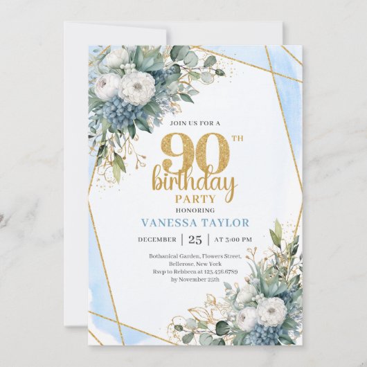 Blue Botanical Gold Frame 90th Birthday Invite 招待状 (正面)