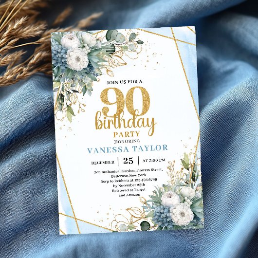 Blue Botanical Gold Frame 90th Birthday Invite 招待状