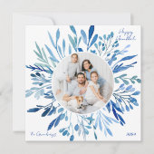 Blue Botanical Hanukkah Family Photo Square シーズンカード (正面)