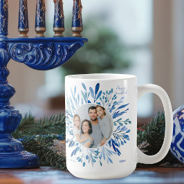 Blue Botanical Hanukkah Jewish Family Photo コーヒーマグカップ