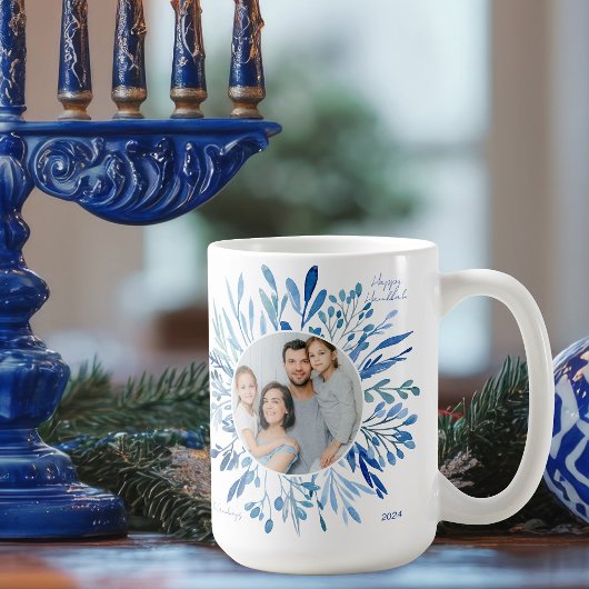 Blue Botanical Hanukkah Jewish Family Photo コーヒーマグカップ