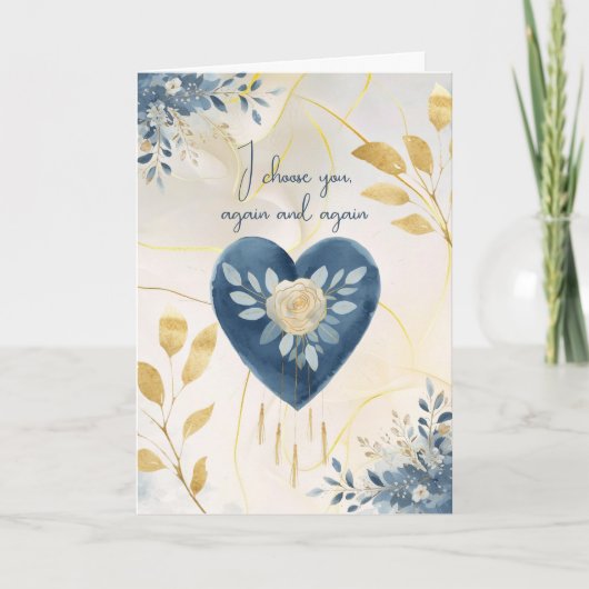 Blue Botanical Heart with Gold Script Accents シーズンカード (正面)