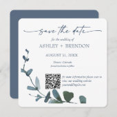 Blue Botanical Leaf Save the Date w/QR Code+Image 招待状 (正面/裏面)