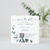 Blue Botanical Leaf Save the Date w/QR Code+Image 招待状 (スタンド正面)