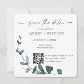 Blue Botanical Leaf Save the Date w/QR Code+Image 招待状 (正面)