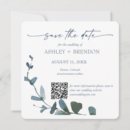 Blue Botanical Leaf Save the Date w/QR Code+Image 招待状 (正面)