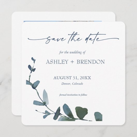 Blue Botanical Leaf Save the Date w/QR Code+Image 招待状 (正面/裏面)