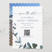 Blue Botanical Leaf Save the Date w/QR + Image 招待状 (正面/裏面)