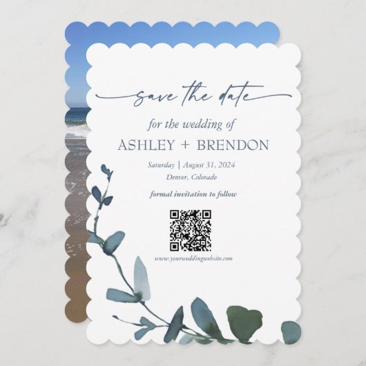 Blue Botanical Leaf Save the Date w/QR + Image 招待状 (正面/裏面)