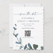 Blue Botanical Leaf Save the Date w/QR + Image 招待状 (正面)